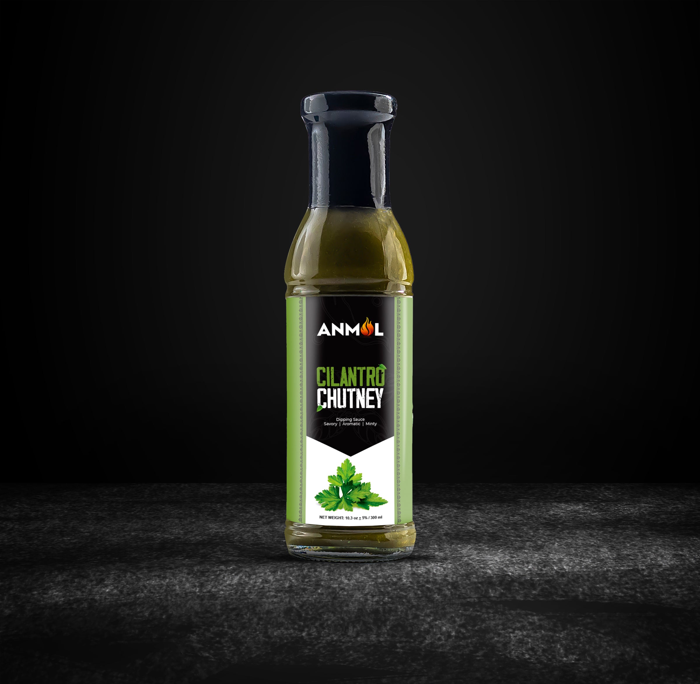 cilantro chutney bottle against black background