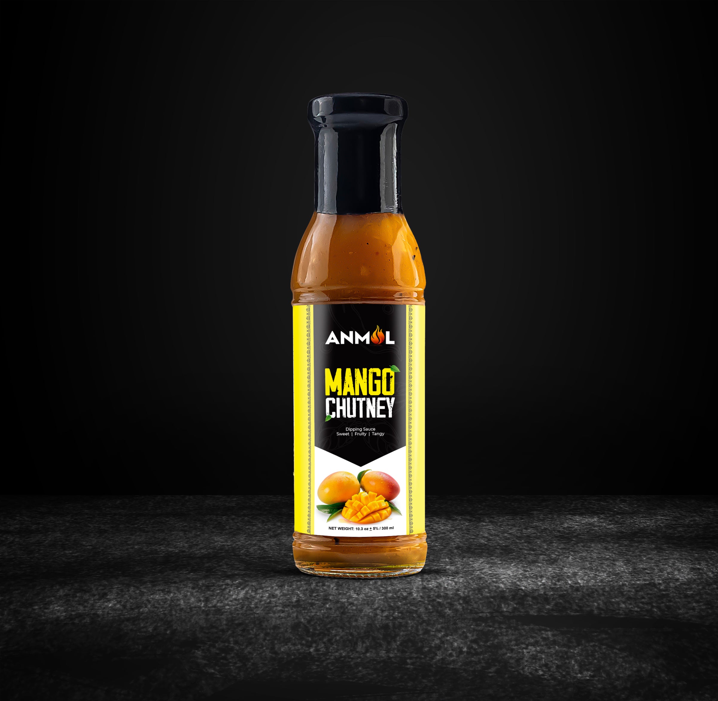 mango chutney bottle black background