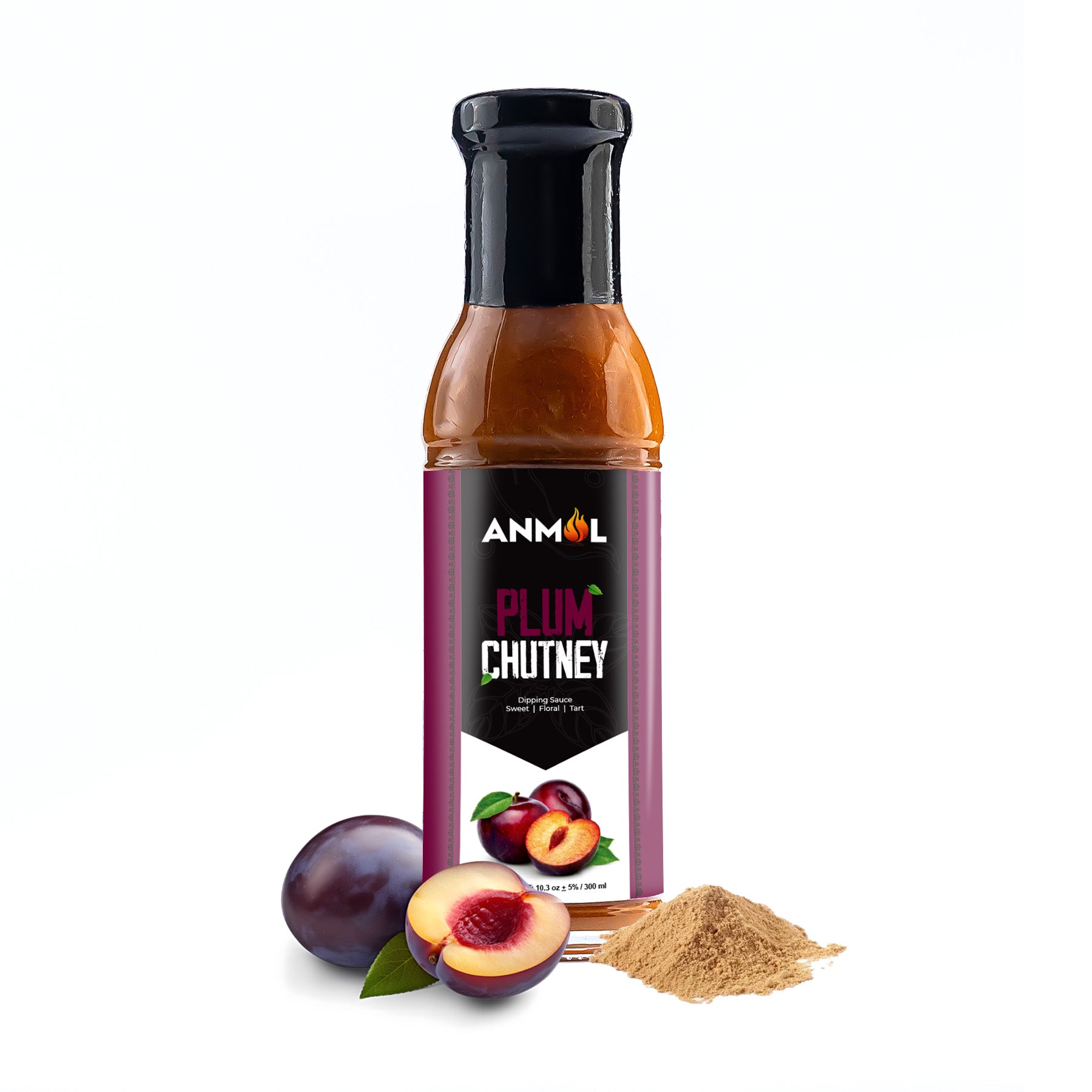 plum chutney bottle white background